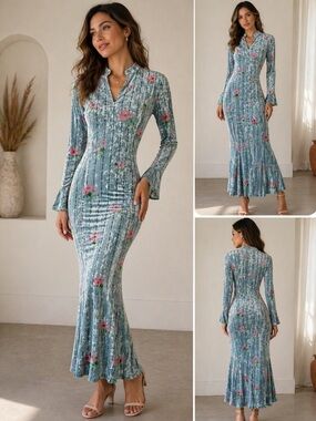 NWOT-Floral Velvet Bodycon Maxi Dress | Elegant Fitted Silhouette